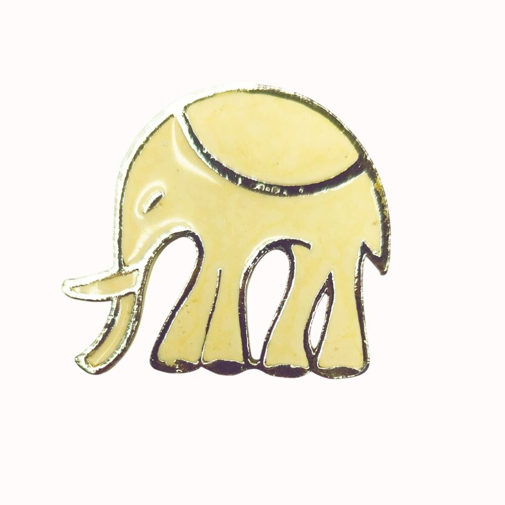 Vintage Elephant Brooch Pin With Cream Enamel & Gold Tone Metal
